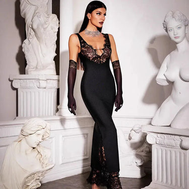 Apprabant Sexy Lace Spagheti Strap Splicing Dresses Sleeveless Perspective Deep V Neck Socialite Slim Fit Hip Hugging Dress 3