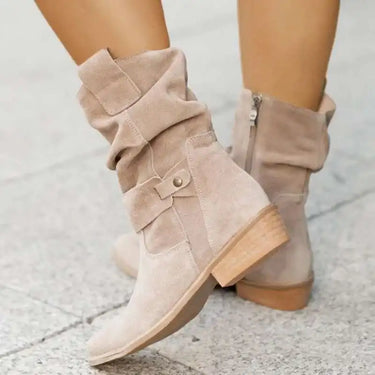 Apricot Suede Ankle Boots for Women – Western Cowboy Style with Side Zip, Sizes 34-43 0