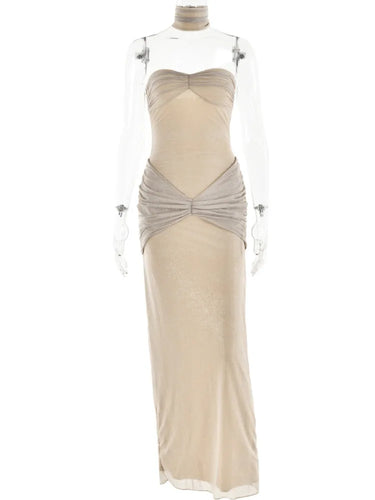Articat Sexy Sleeveless Mesh Pleated Dress For Women Tight Backless Bodycon Evening Dress Female Elegant Party Club Vesidos 5