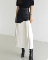 Asymmetric Patchwork Faux Leather Chiffon Pleated Maxi Skirt 0