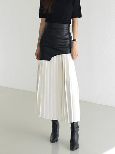 Asymmetric Patchwork Faux Leather Chiffon Pleated Maxi Skirt 0