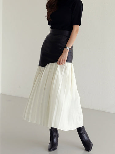 Asymmetric Patchwork Faux Leather Chiffon Pleated Maxi Skirt 1