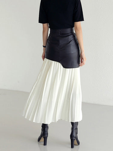 Asymmetric Patchwork Faux Leather Chiffon Pleated Maxi Skirt 2