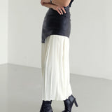 Asymmetric Patchwork Faux Leather Chiffon Pleated Maxi Skirt 3