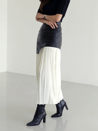 Asymmetric Patchwork Faux Leather Chiffon Pleated Maxi Skirt 3