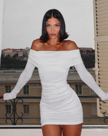 Asymmetrical Off-Shoulder Mini Dress with Ruching – Body-Hugging Summer Cocktail Dress for Date Nights and Events 2