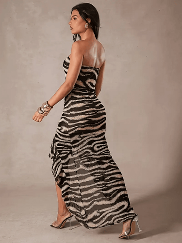 Asymmetrical Strapless Dress with Ruched Side and Zebra Pattern – Elegant Semi-Sheer Cocktail Dress for Women 6