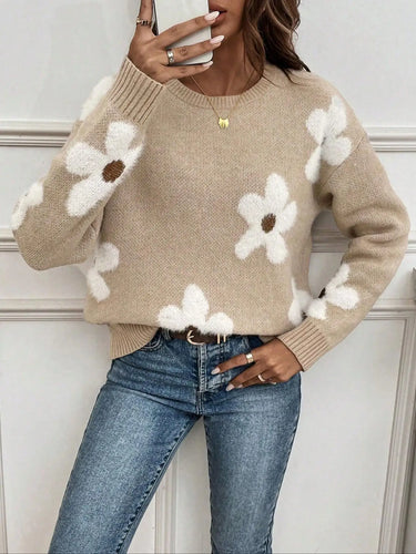 Autumn and winter women's round neck contrasting flower jacquard loose casual woolen pullover top 0