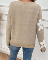 Autumn and winter women's round neck contrasting flower jacquard loose casual woolen pullover top 1