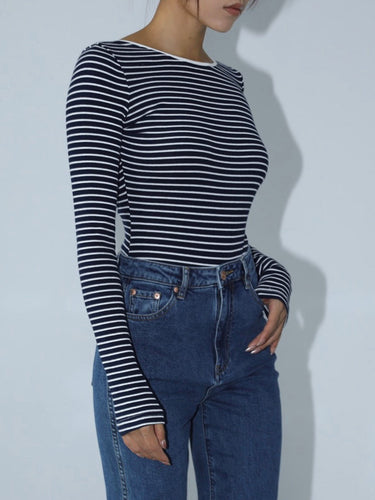 Open Back Stripe Long Sleeve Bodysuit 3