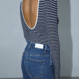 Open Back Stripe Long Sleeve Bodysuit 1
