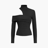 Mock Neck Oblique Cutout Rib Long Sleeve Knit Top 4