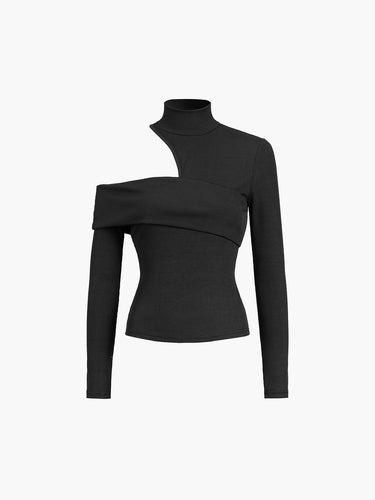 Mock Neck Oblique Cutout Rib Long Sleeve Knit Top 4
