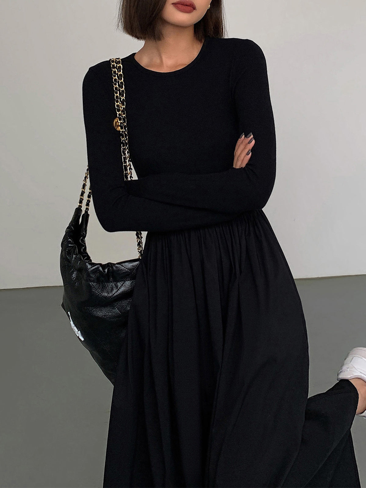 Leisure Pockets Long Sleeve Long Dress-2
