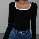 Sliver Lining Contrast Neckline Long Sleeve Top 1