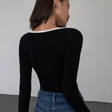 Sliver Lining Contrast Neckline Long Sleeve Top 3