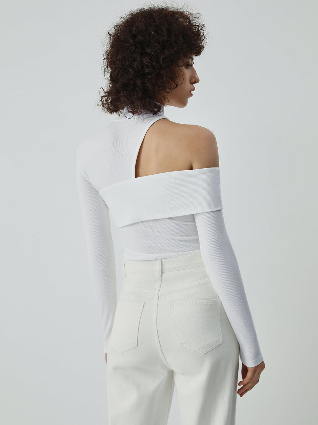 Mock Neck Oblique Cutout Rib Long Sleeve Knit Top 3