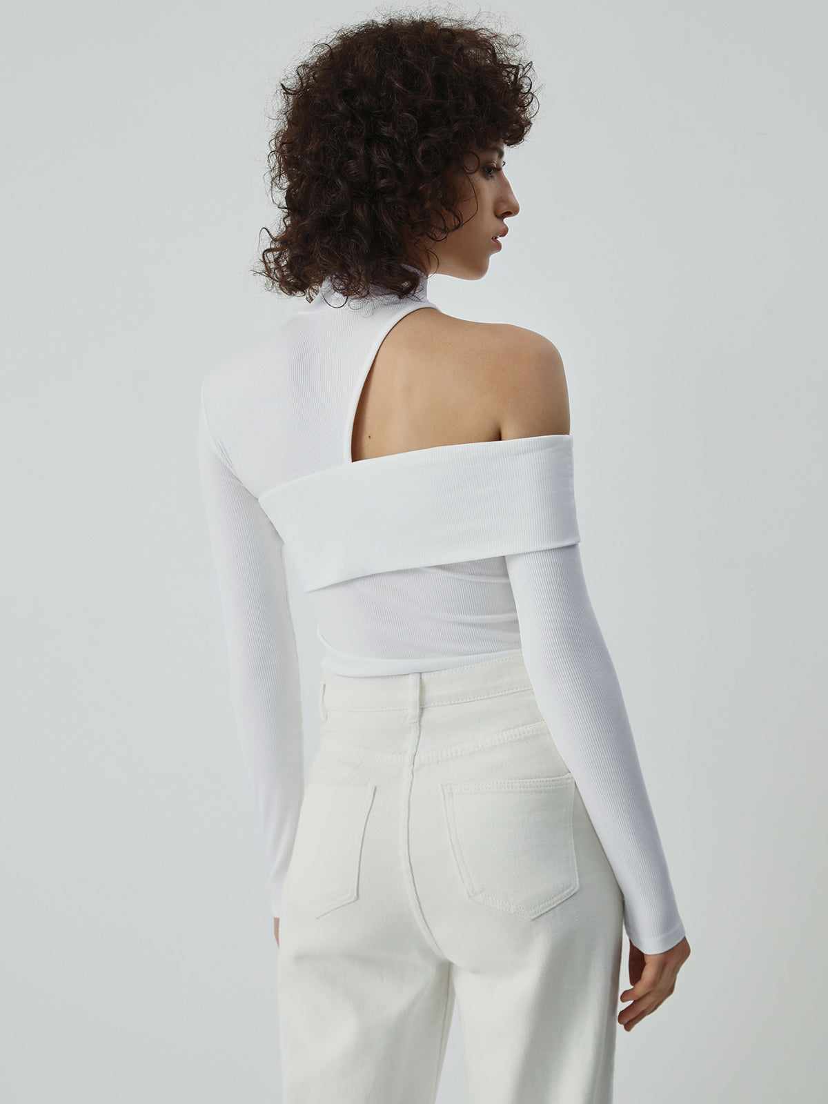 Mock Neck Oblique Cutout Rib Long Sleeve Knit Top 3