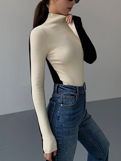 Mock Neck Contrast Sleeve Top