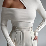Mock Neck Oblique Cutout Rib Long Sleeve Knit Top 1