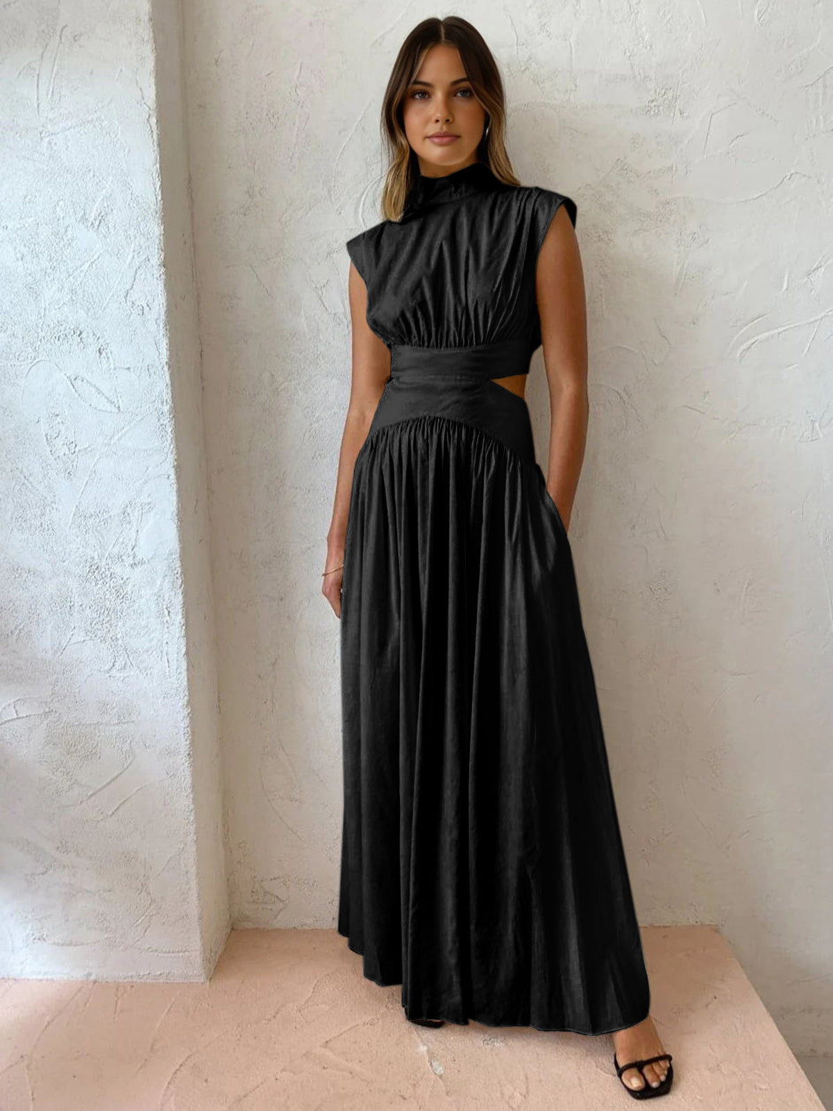 Mock Neck Cut Out Long Dress-5
