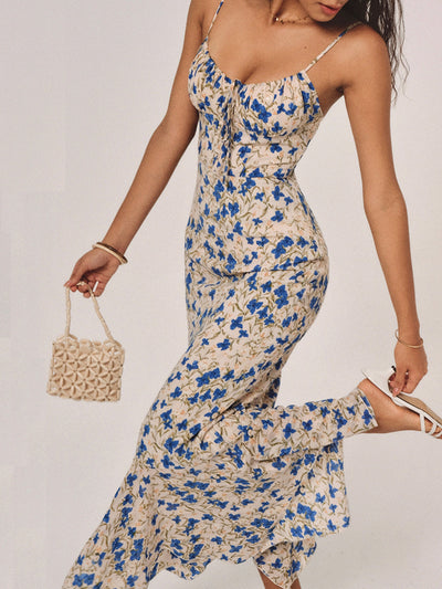 Floral Print Knotted Irregular Hem Long Dress-1