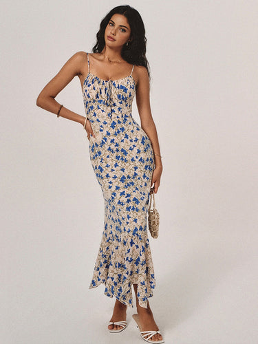 Floral Print Knotted Irregular Hem Long Dress-3
