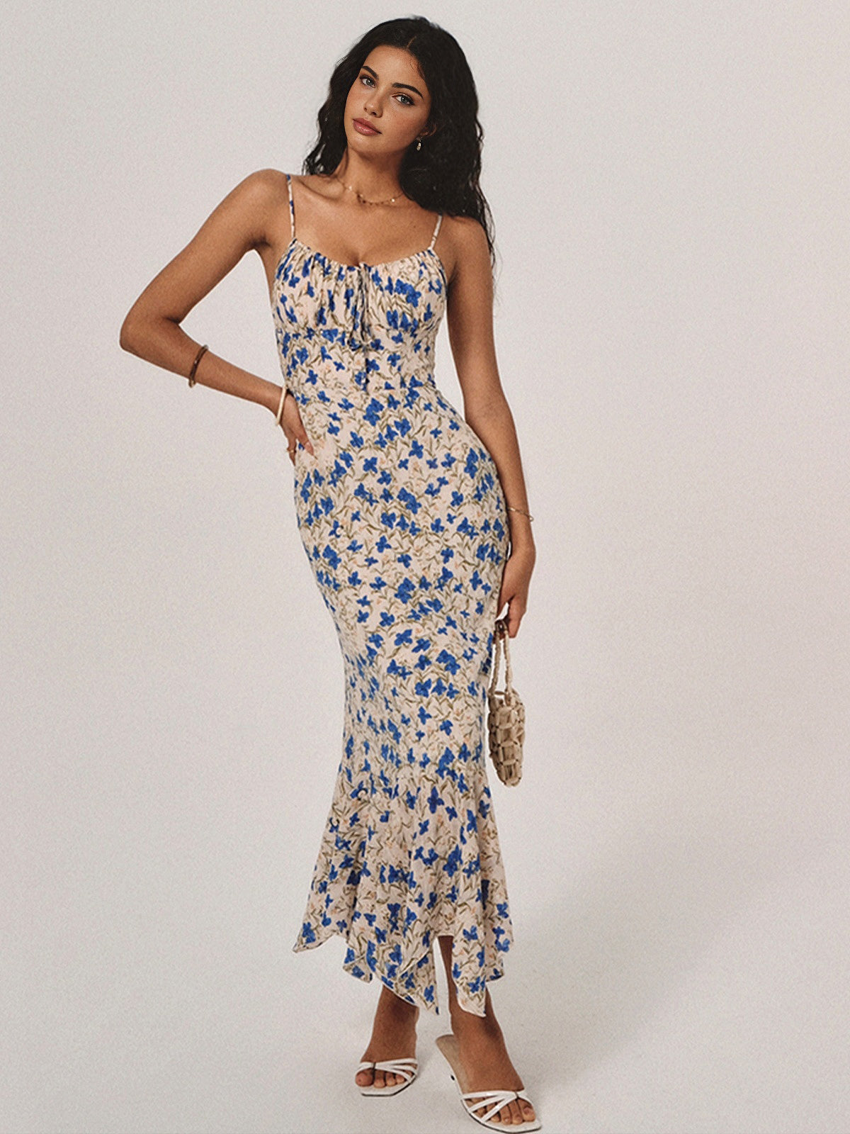 Floral Print Knotted Irregular Hem Long Dress-3