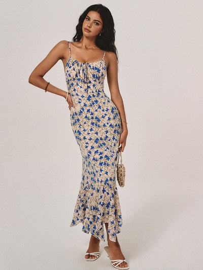 Floral Print Knotted Irregular Hem Long Dress-3
