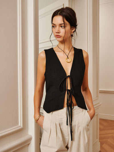 Linen-Cotton Tie Front Vest Top