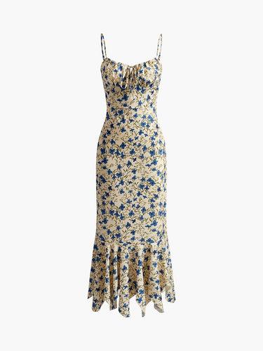 Floral Print Knotted Irregular Hem Long Dress-6