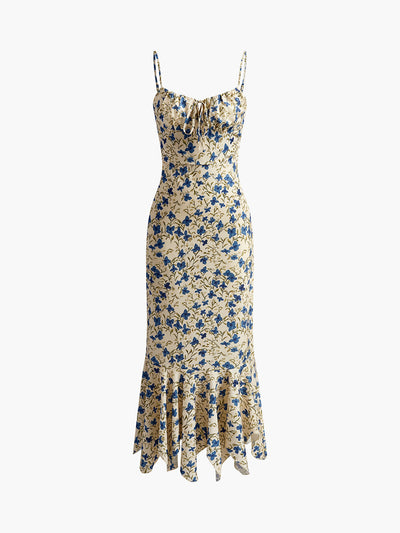 Floral Print Knotted Irregular Hem Long Dress-6