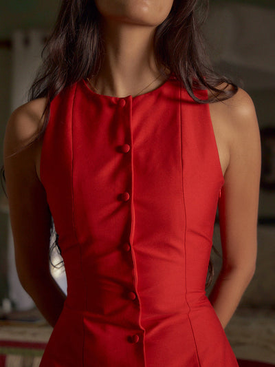 Button-Front Sleeveless Short Dress-4