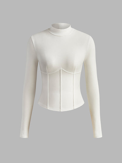 Ribbed Contour Stitch Mock Neck Top