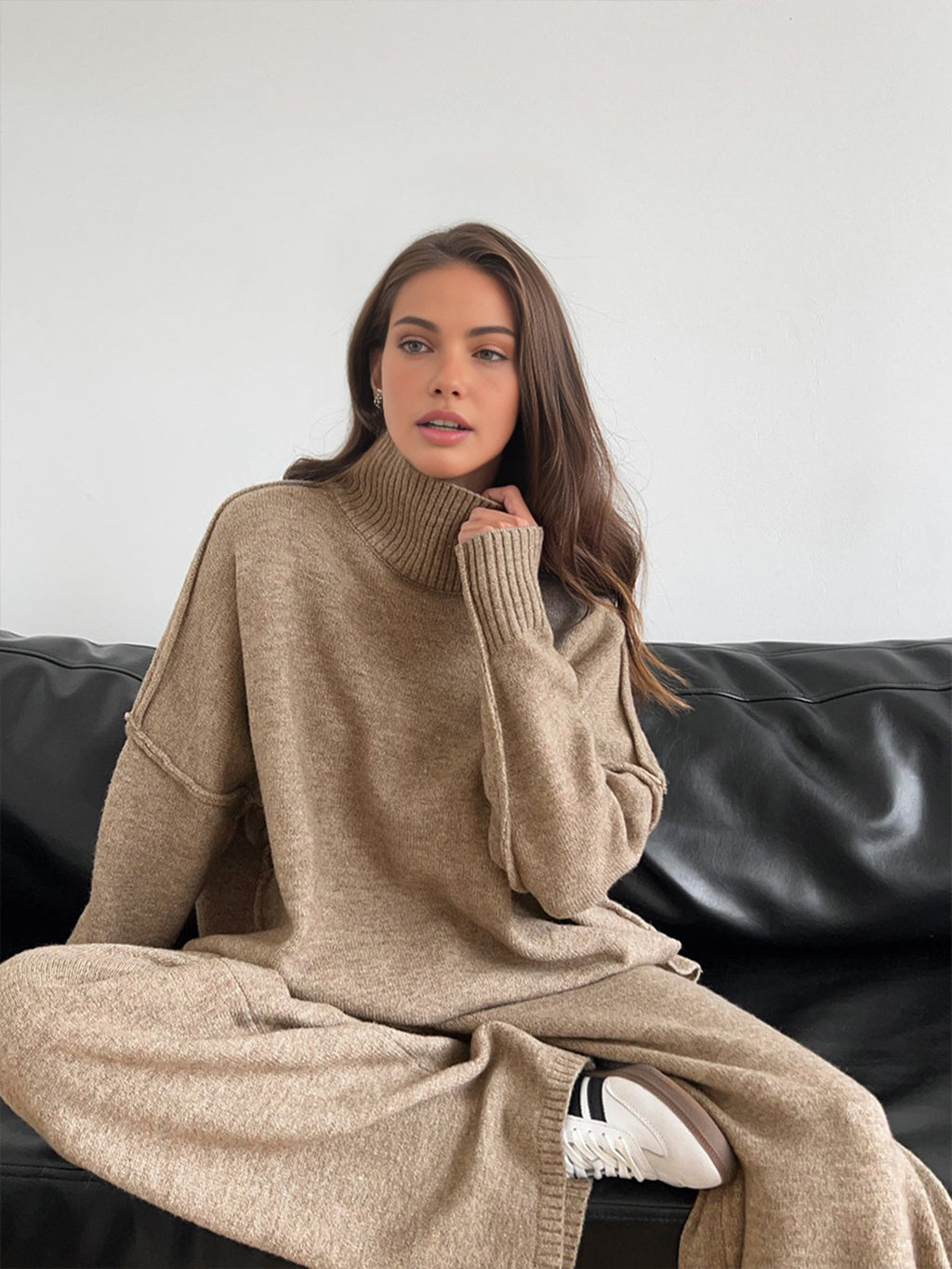 Plain Turtleneck Knit Pants Set 1