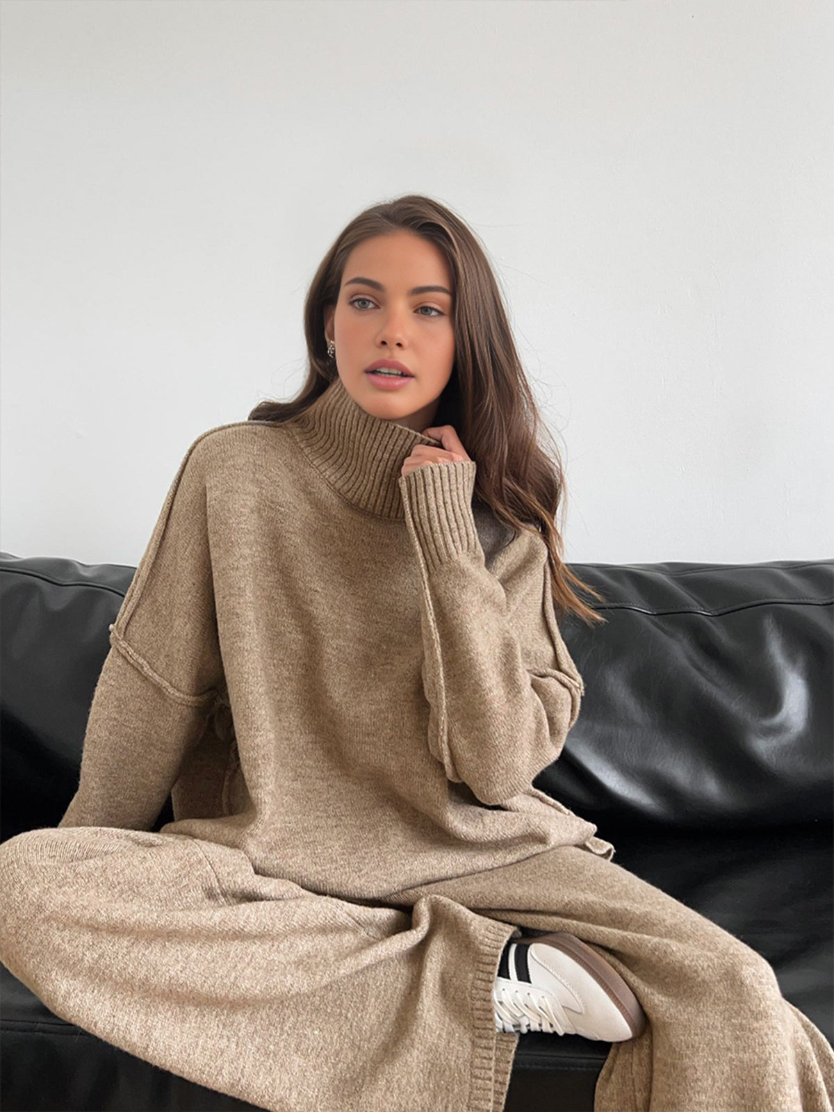 Plain Turtleneck Knit Pants Set 1