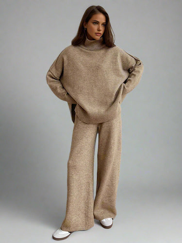 Plain Turtleneck Knit Pants Set 2