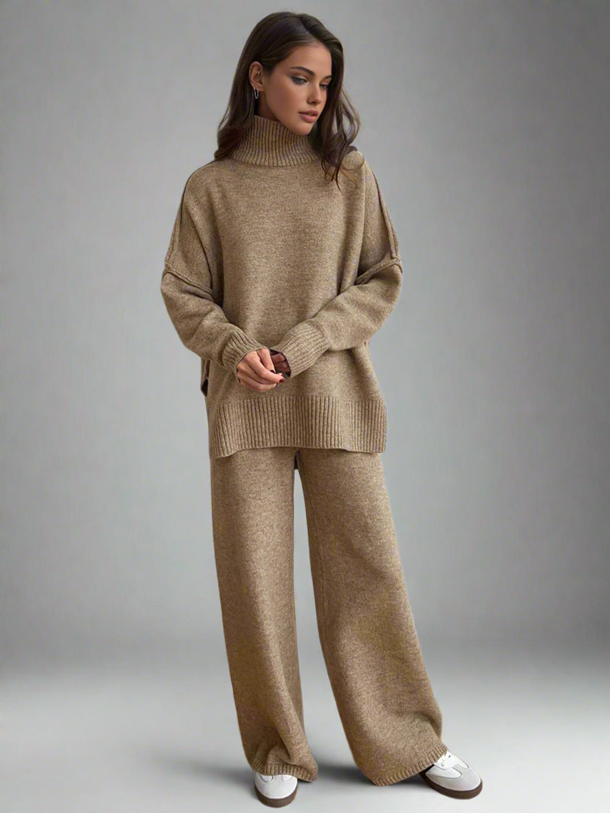 Plain Turtleneck Knit Pants Set 4