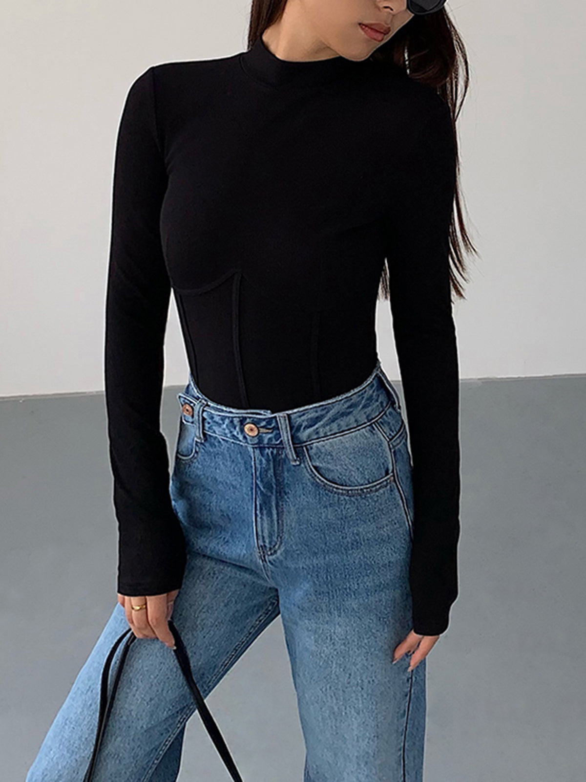 Ribbed Contour Stitch Mock Neck Top