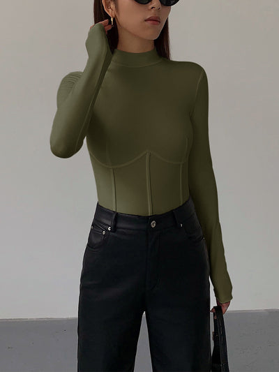 Ribbed Contour Stitch Mock Neck Top