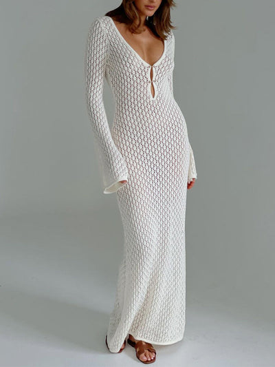 Cover Up Long Sleeve Open Back Long Dress-1