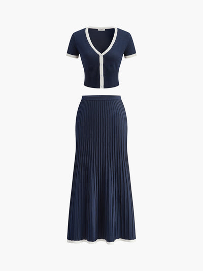 Contrast Trim Pleated Knit Dress