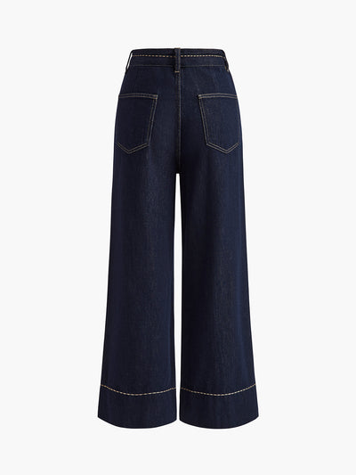 Contrast Stitch Wide Leg Denim Jeans