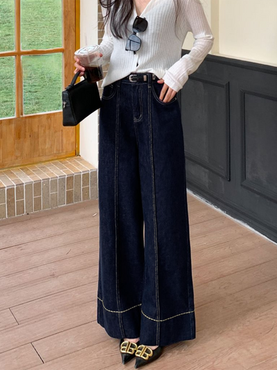 Contrast Stitch Wide Leg Denim Jeans