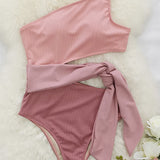 Bicolor One-Shoulder Swimsuit with Bow Detail 2