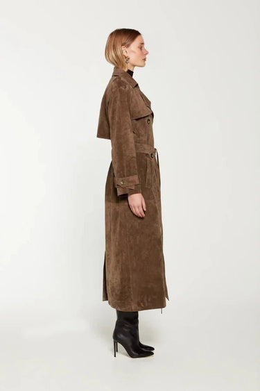 Black Maxi Trench Coat for Women in Vegan Suede – Vintage-Inspired Autumn and Winter Outerwear with Belt 1