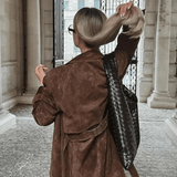 Black Maxi Trench Coat for Women in Vegan Suede – Vintage-Inspired Autumn and Winter Outerwear with Belt 5