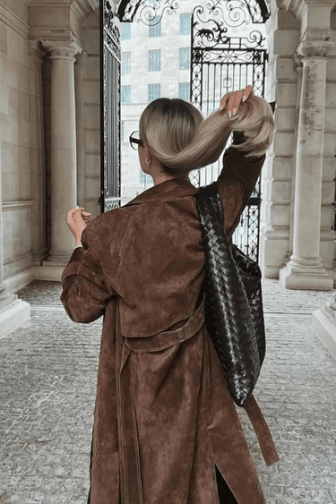 Black Maxi Trench Coat for Women in Vegan Suede – Vintage-Inspired Autumn and Winter Outerwear with Belt 5