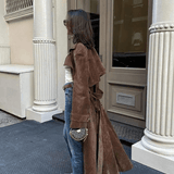 Black Maxi Trench Coat for Women in Vegan Suede – Vintage-Inspired Autumn and Winter Outerwear with Belt 6
