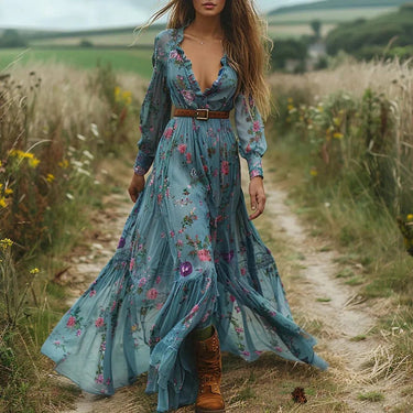 Bohemian Floral Print Maxi Dress With Long Sleeves 1